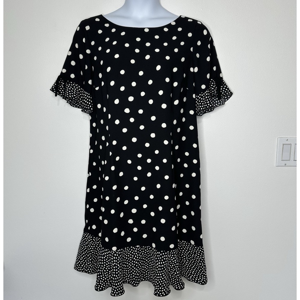 Talbots Ruffle Hem Dress Size 16 Black Polka Dot Mixed Print